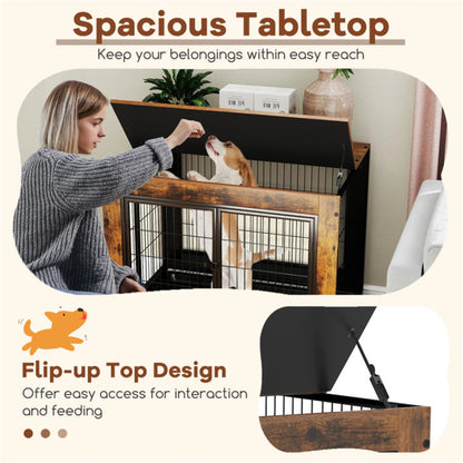 35" Dog Crate Rustic Style Furniture Dog Cage Crate with Double Doors and Lift Top Heavy-Duty Kennel, Brown